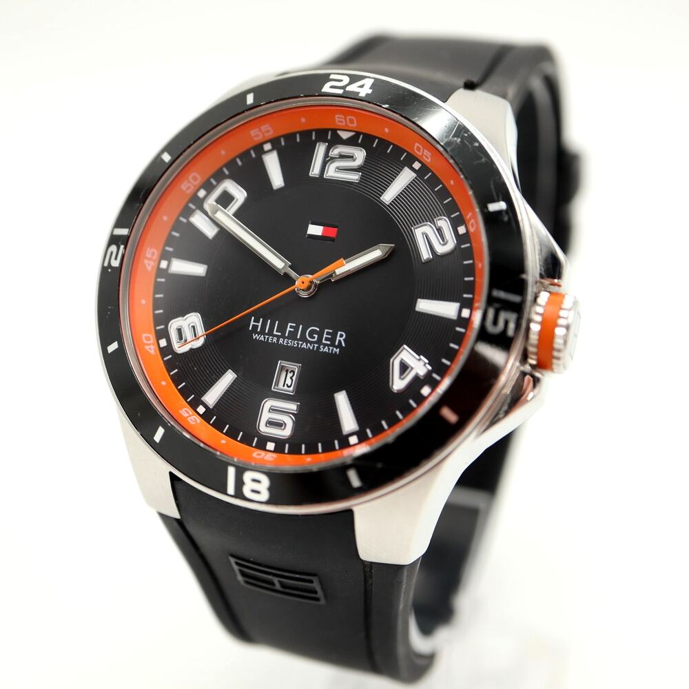 Tommy Hilfiger Mens 44mm Black Orange Date Watch Silicone Strap w New Battery